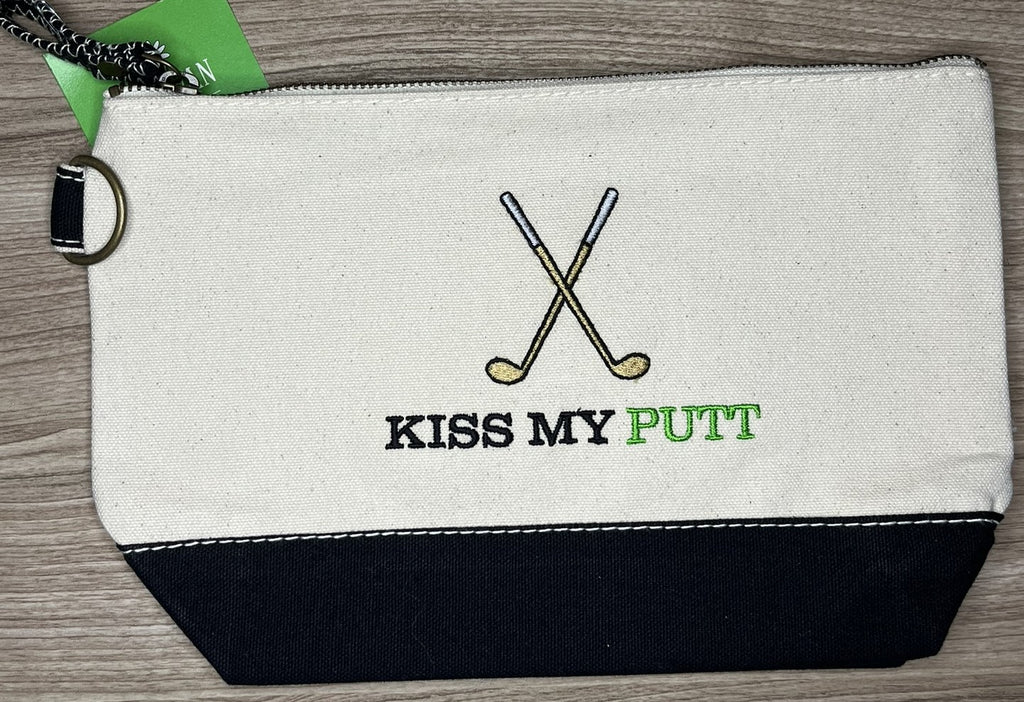 “Kiss My Putt” Embroidered on this 11x7x3, 100% cotton bag