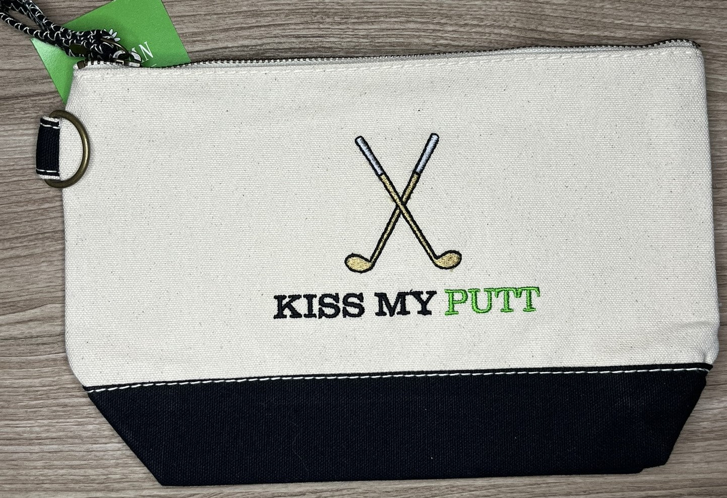 “Kiss My Putt” Embroidered on this 11x7x3, 100% cotton bag