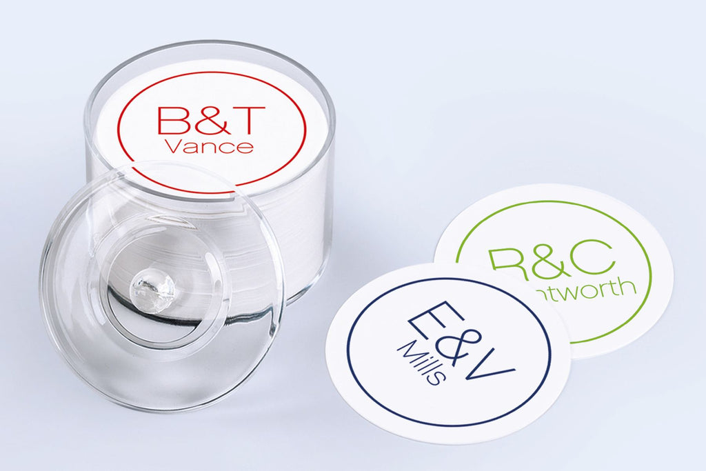 100 Letterpress Party Coasters in Elegant Holder